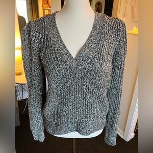 LOFT Black and White Marled Puff Sleeve V-Neck Sweater